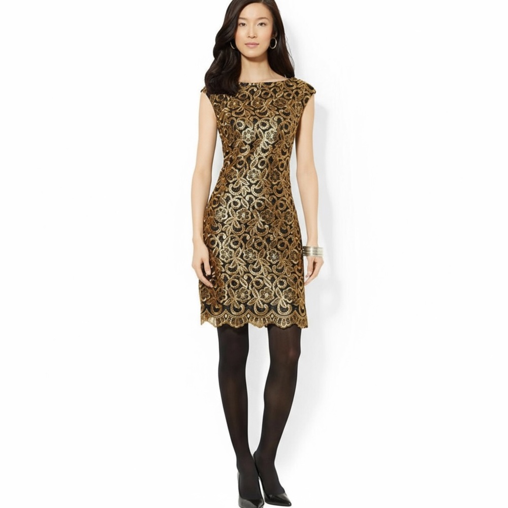 Lauren Ralph Lauren Cap-Sleeve Scalloped Metallic Lace Cocktail Dress Sz 4